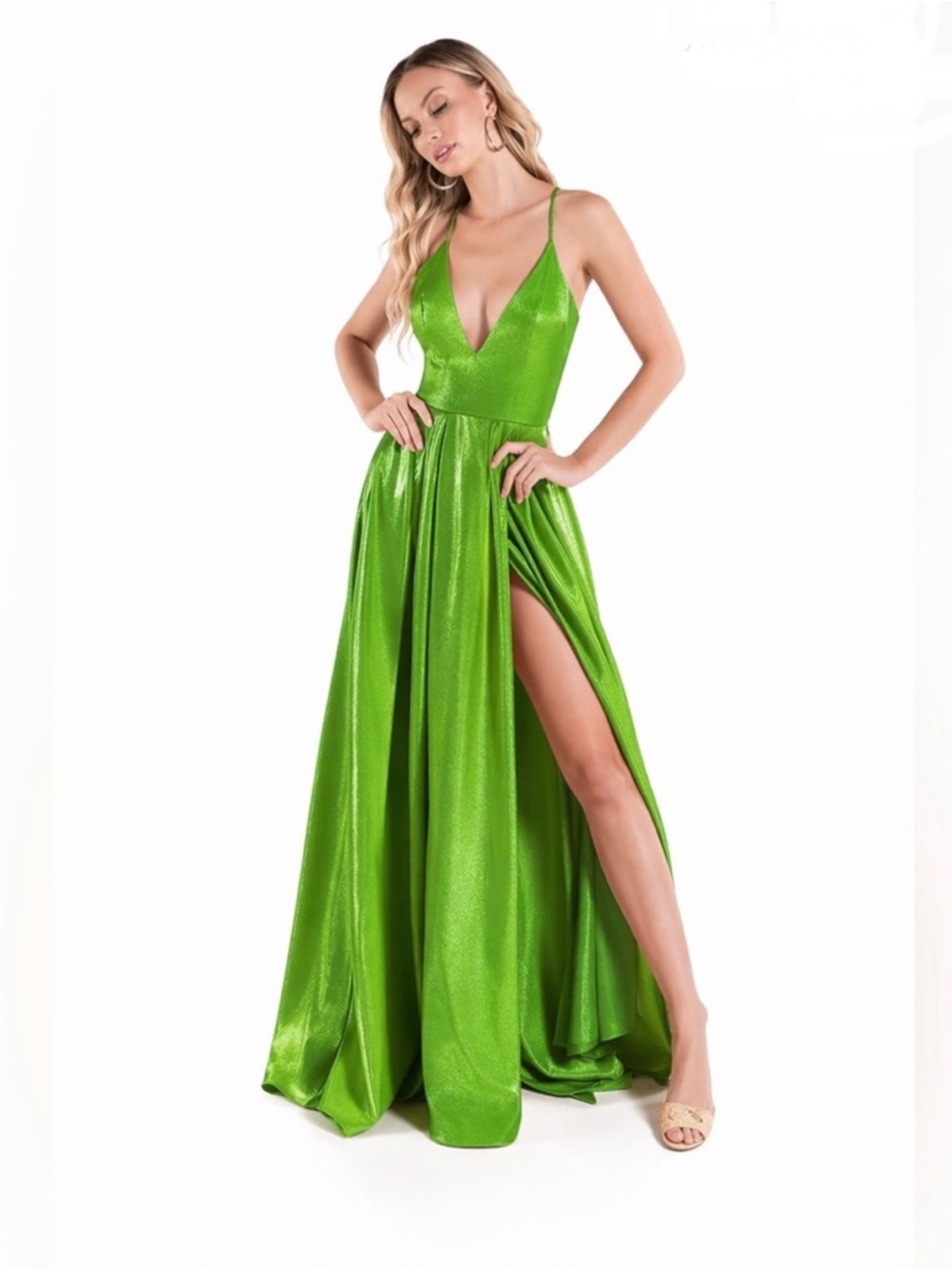 Abby Paris Apple Green Prom Dress Style 90167 V Neck Floor Length Maxi Gown NEW